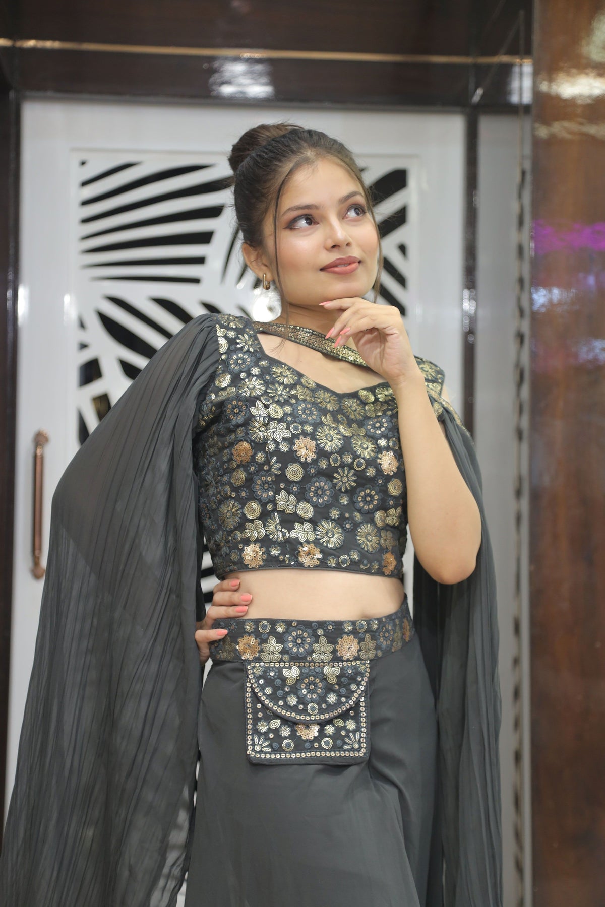 Black Premium Elegant Crop Top With Plazo & Dupatta For Women