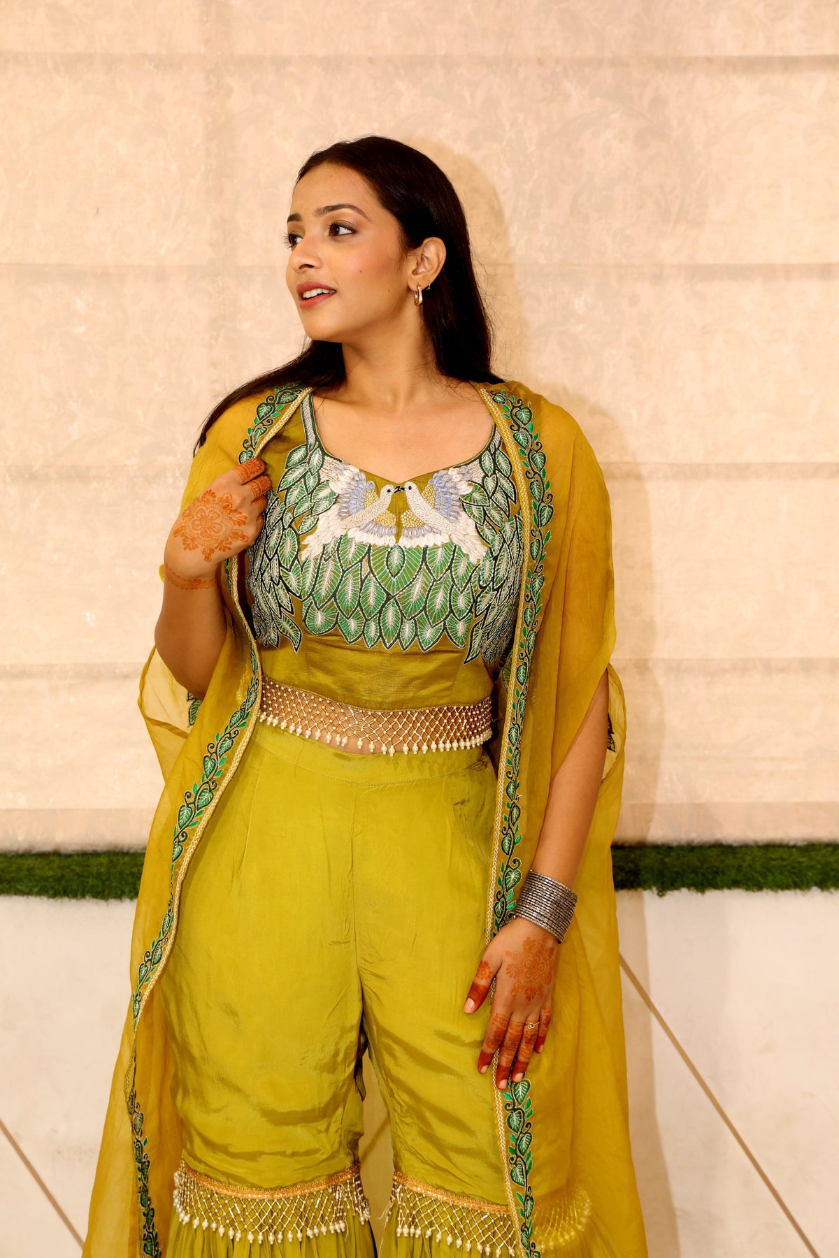Green Premium Garara Top With Cape Shrug Pure Crape Thread Work Set For Women