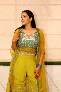Green Premium Garara Top With Cape Shrug Pure Crape Thread Work Set For Women