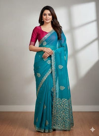 Blue Pure Chiffon Saree with Gotta Patti and Handwork