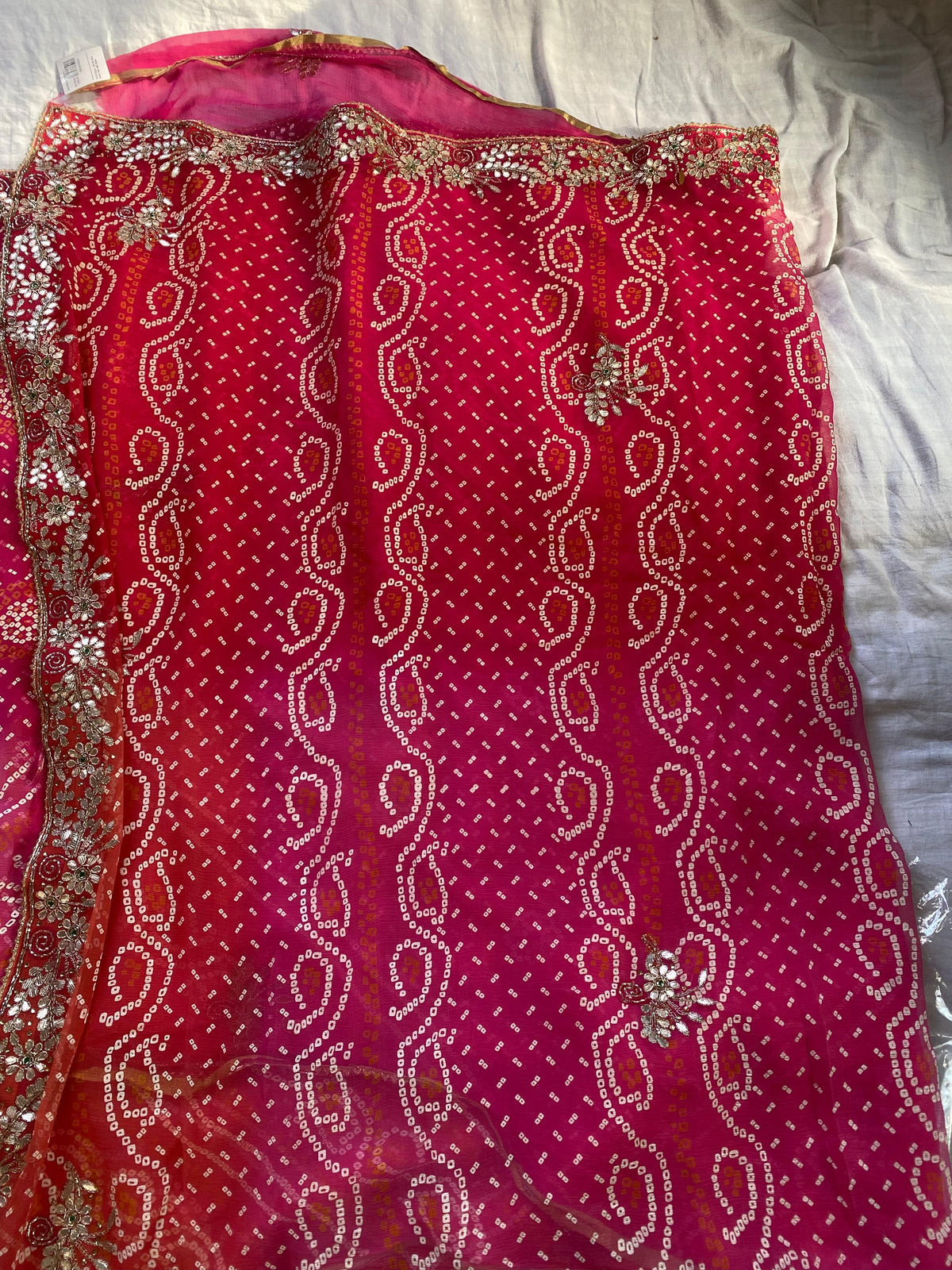 Pink Pure Chiffon Bandhej Saree with Gotta Patti Handwork
