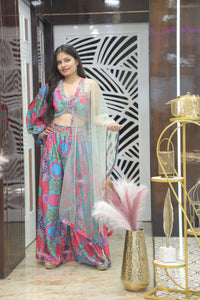 Blue Premium One-Shoulder Top With Printed Palazzo & Net Dupatta For Women