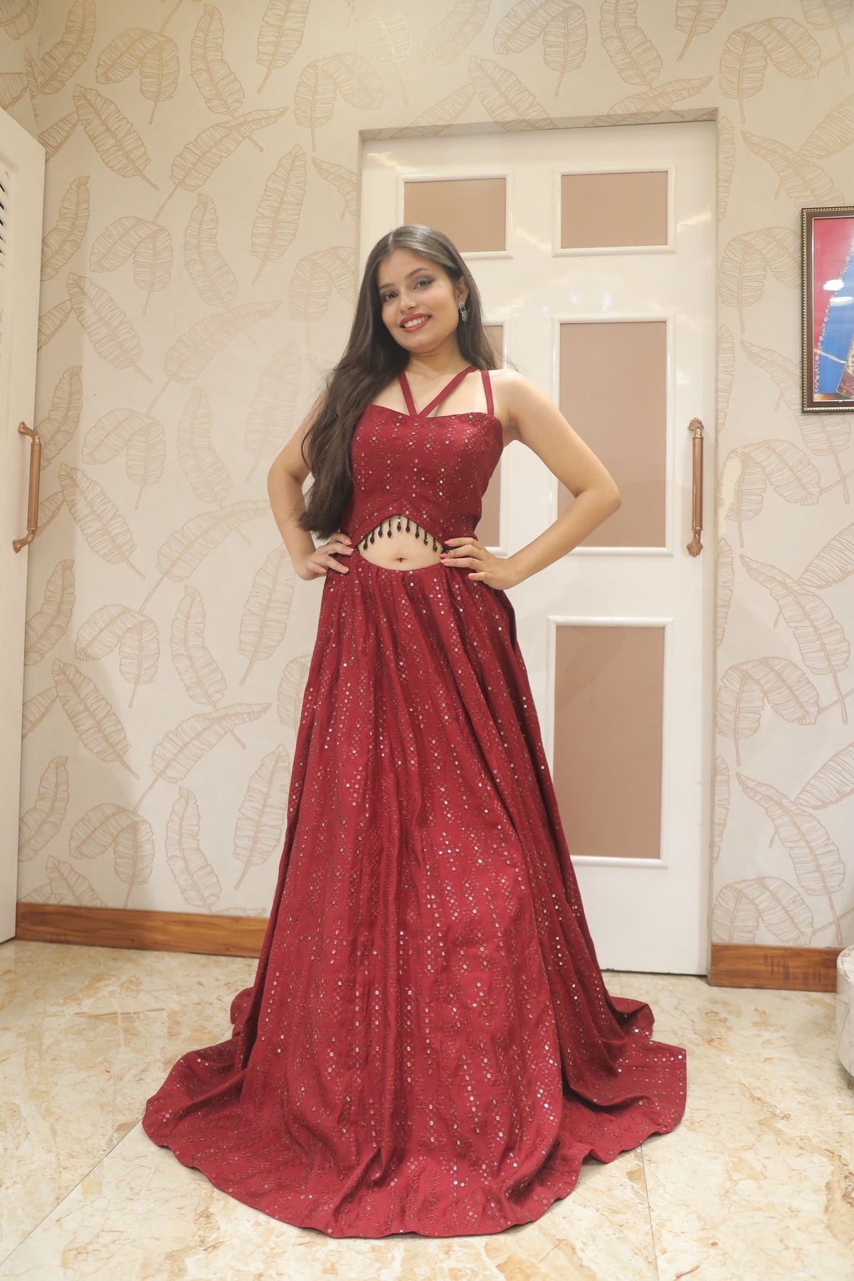 Maroon Premium Chikankari Cocktail Gown For Women