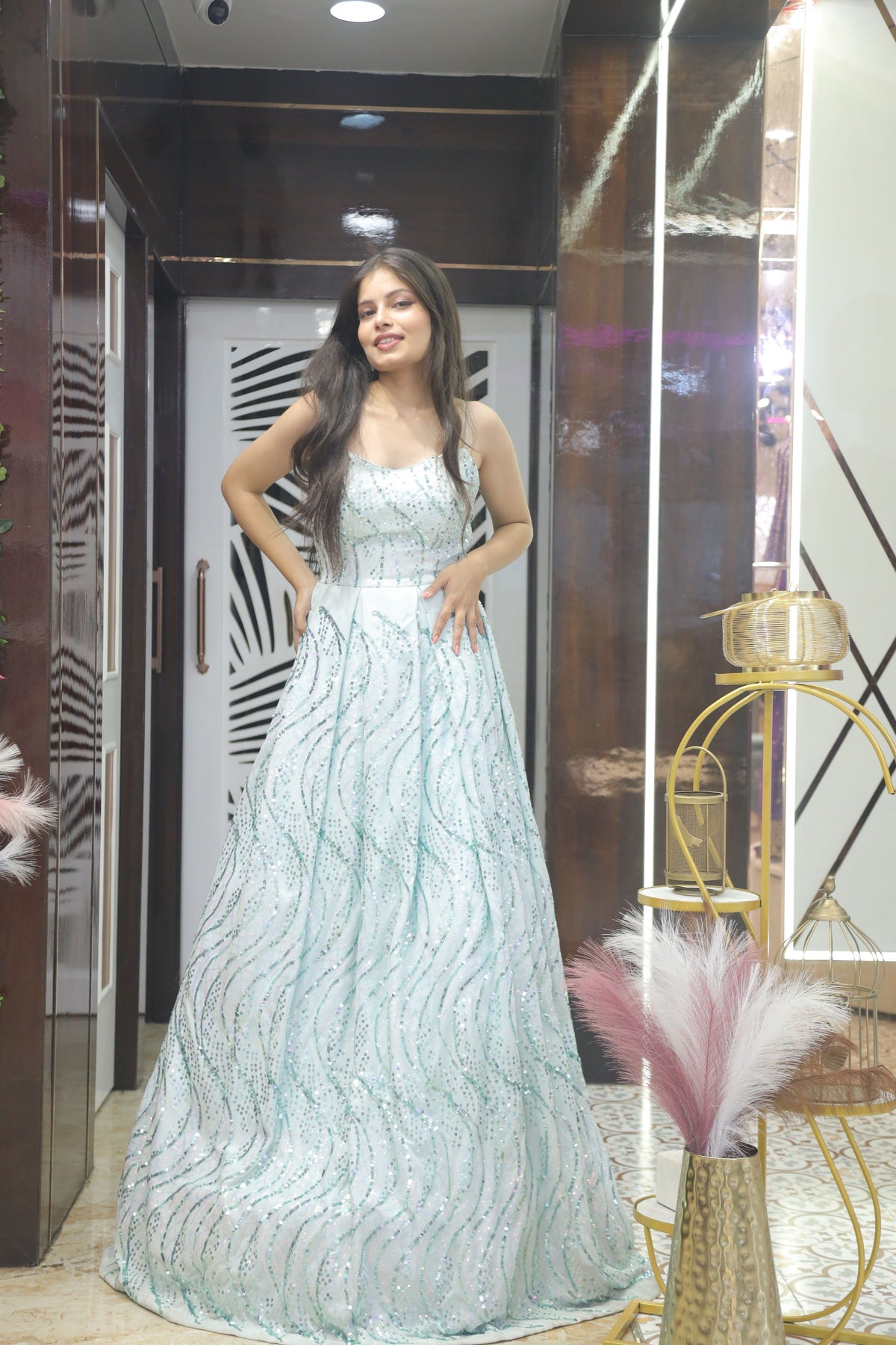 Blue Premium Sequins Cocktail Gown For Women