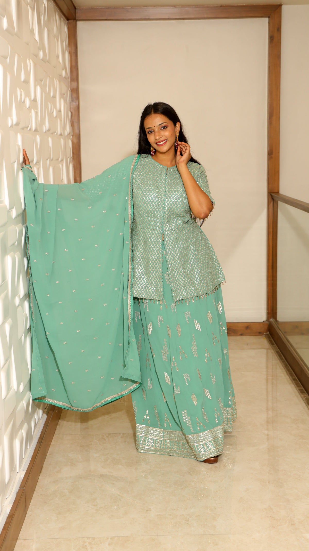 Green Premium Short Top With Palazzo & Dupatta Georgette Sequin Zari Set For Women