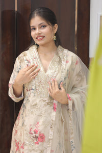 Cream Premium Crepe Kurta Set For Women