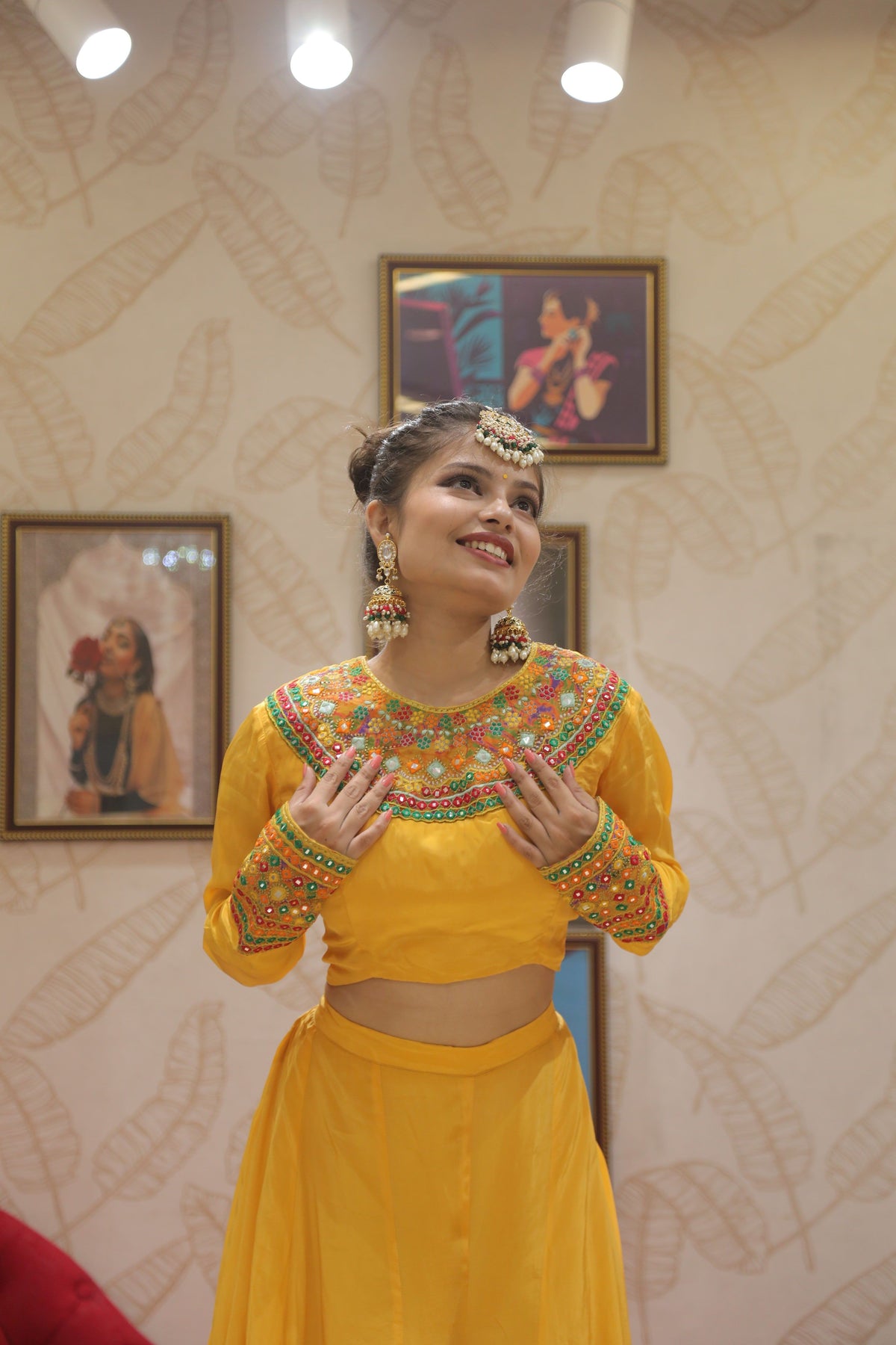 Yellow Premium Crop Top With Kali Plazo For Women