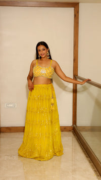 Yellow Premium Crop Top With Skirt And Short Shrug For Women