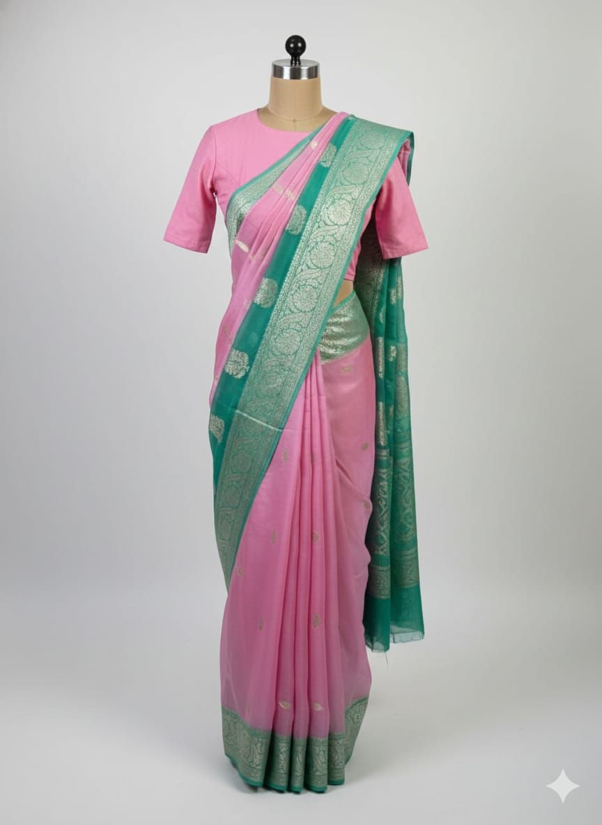 Pink Pure Chiffon Saree with Zari Work