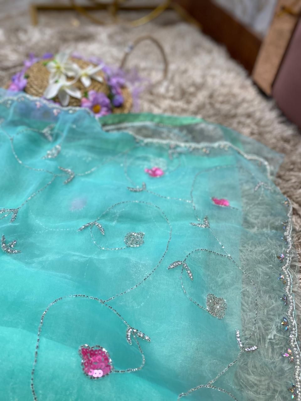 Sky Blue Organza Handwork Saree