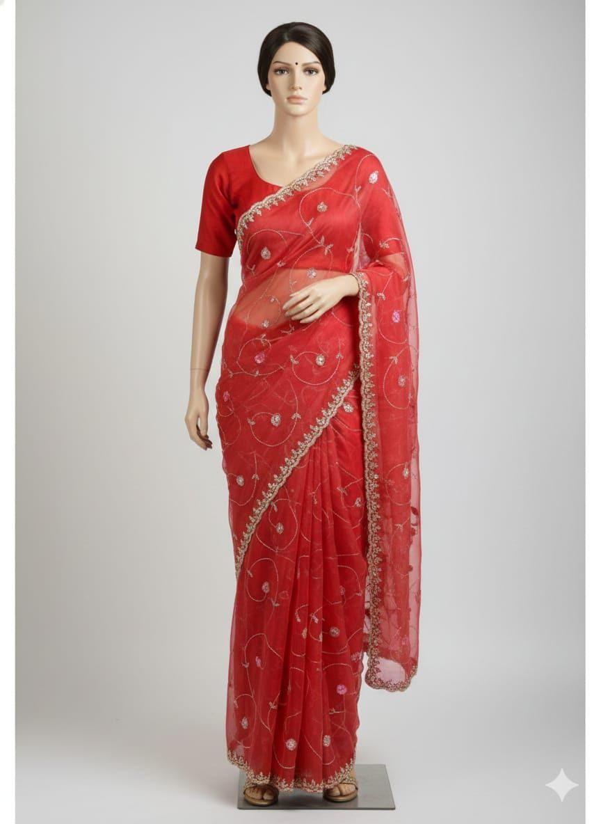 Red Organza Handwork Saree