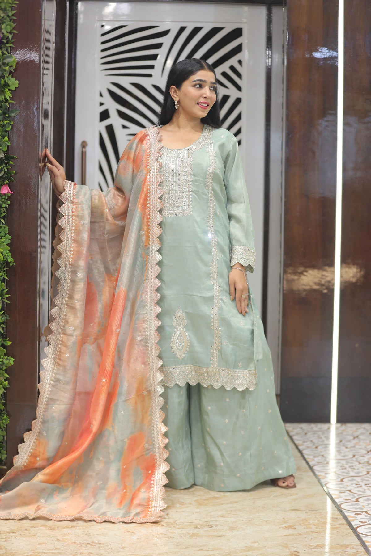 Peach And Orange Premium Chinnon Kurta Set For Women