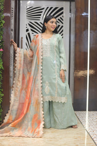 Peach And Orange Premium Chinnon Kurta Set For Women