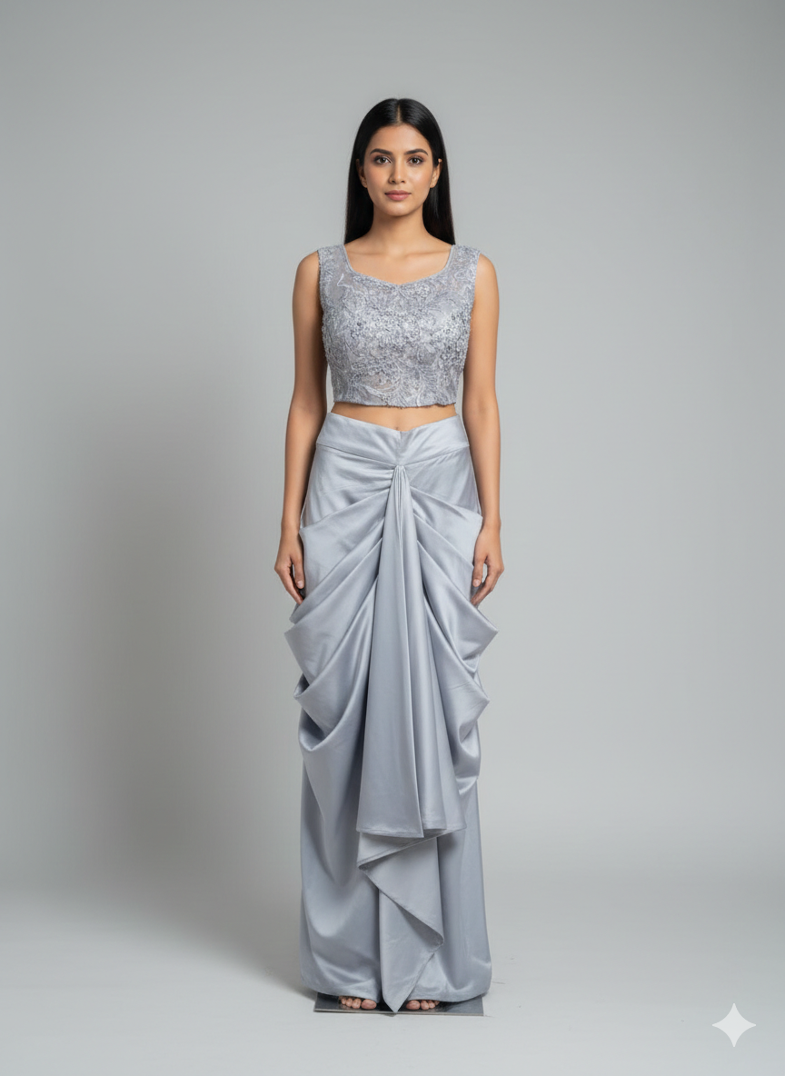 Grey Handcrafted Crop Top with Dhoti Set