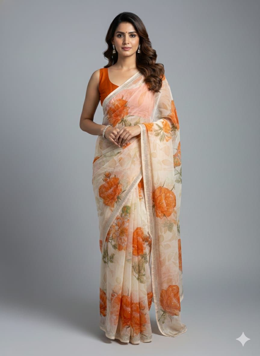 Off White Chiffon Handwork Saree