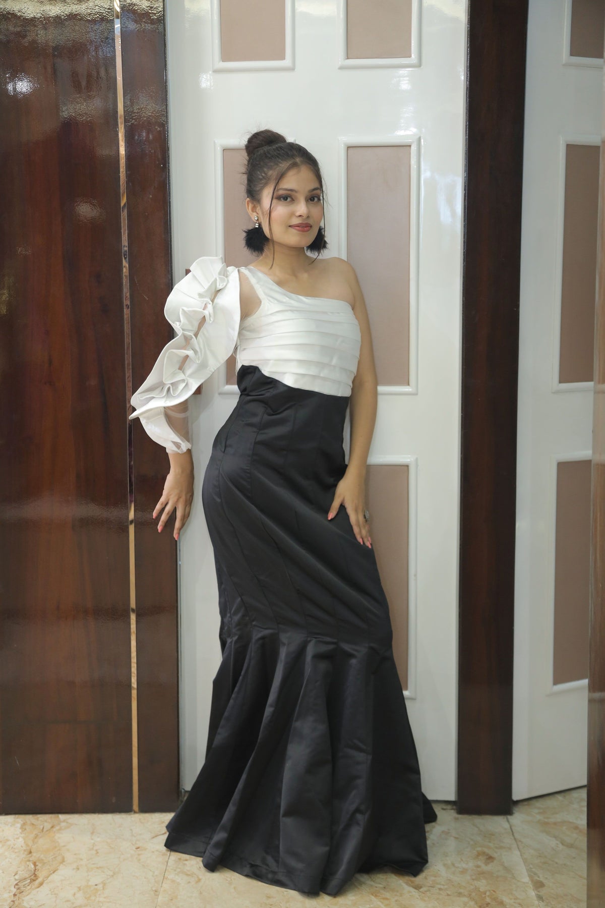 Black And White Premium Crepe Cocktail Gown For Women