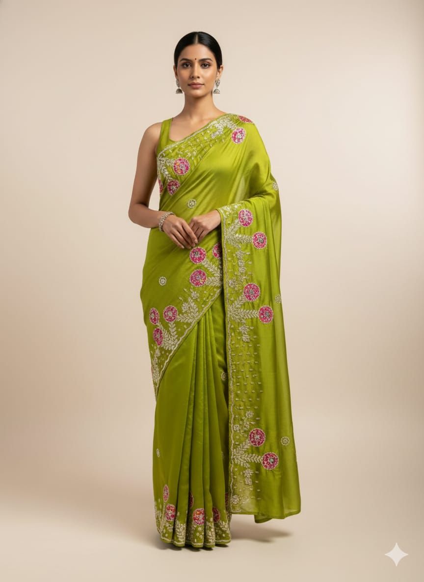 Green Crepe Silk Saree with Gotta Patti and Handwork