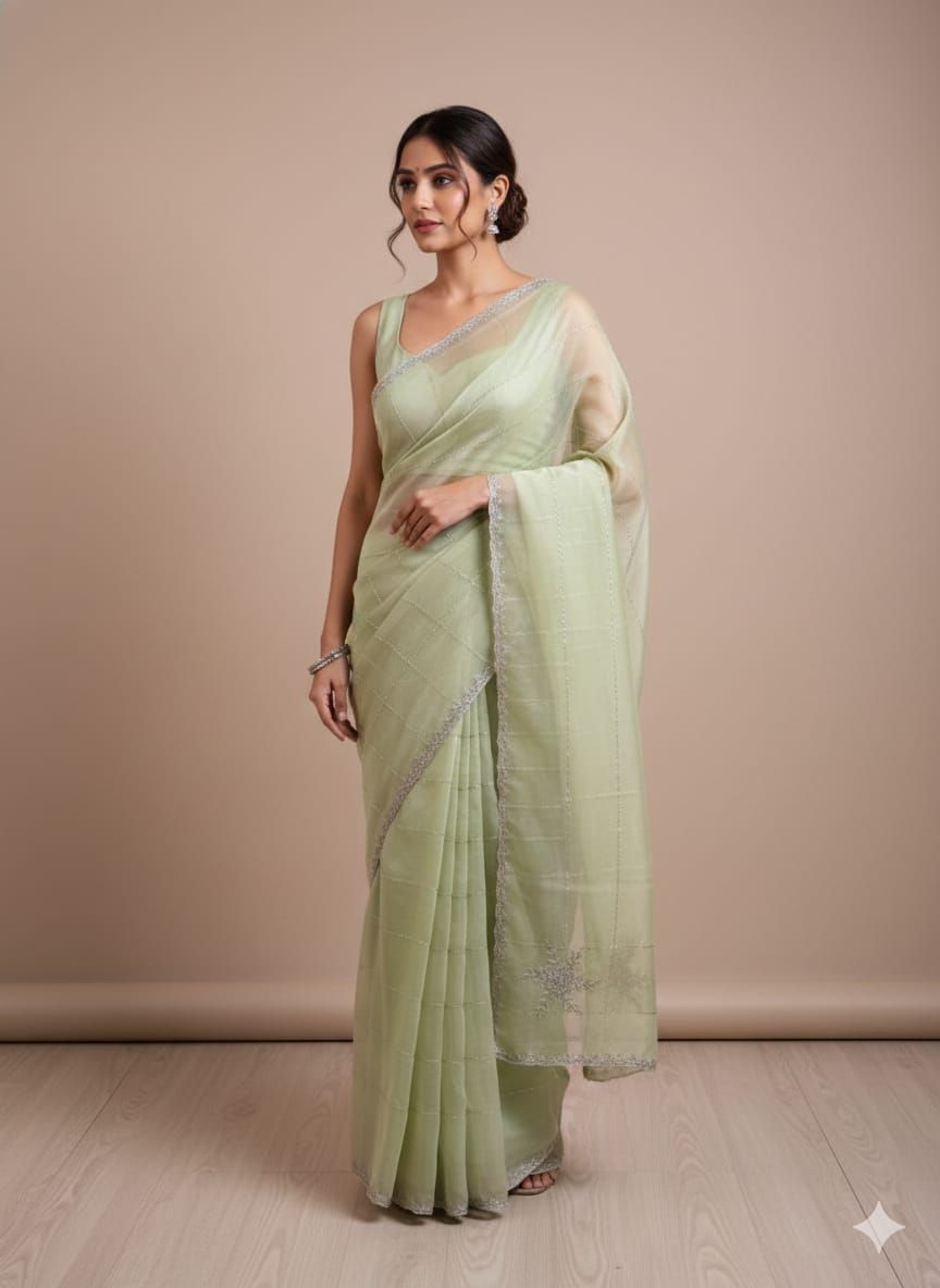 Sea Green Organza Handwork Saree