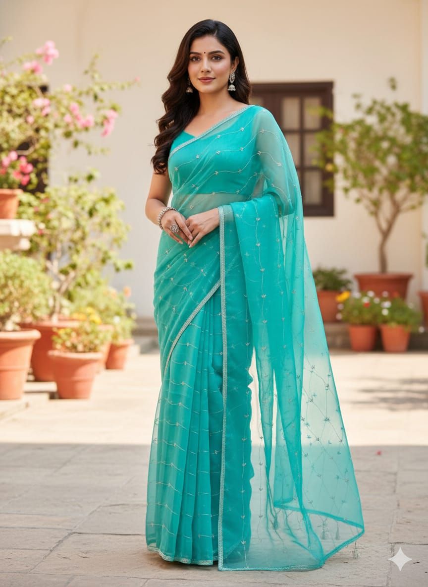 Sea Blue Pure Chiffon Handwork Saree