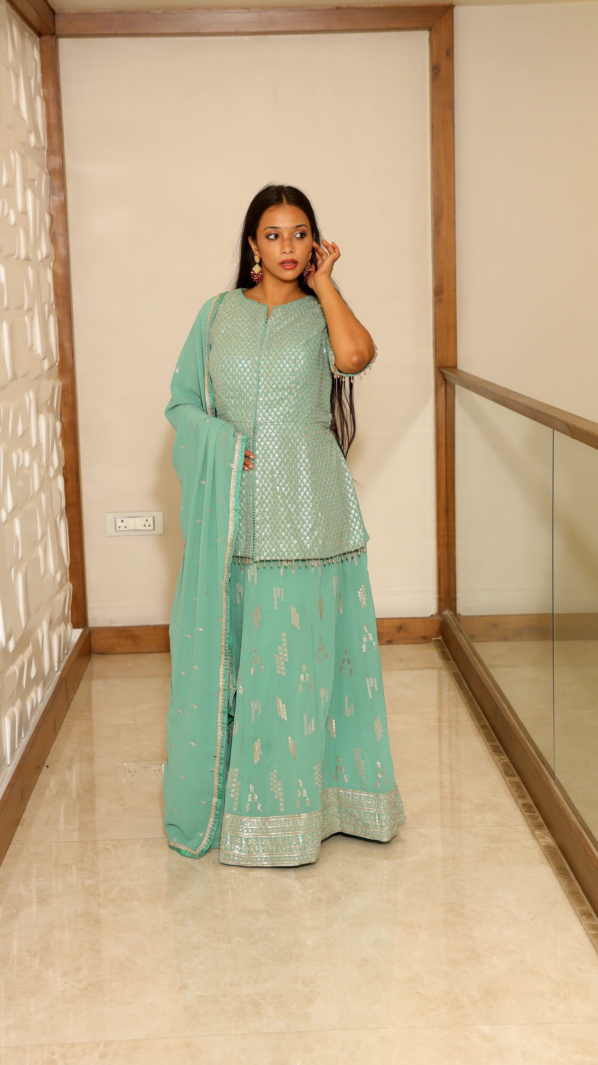 Green Premium Short Top With Palazzo & Dupatta Georgette Sequin Zari Set For Women