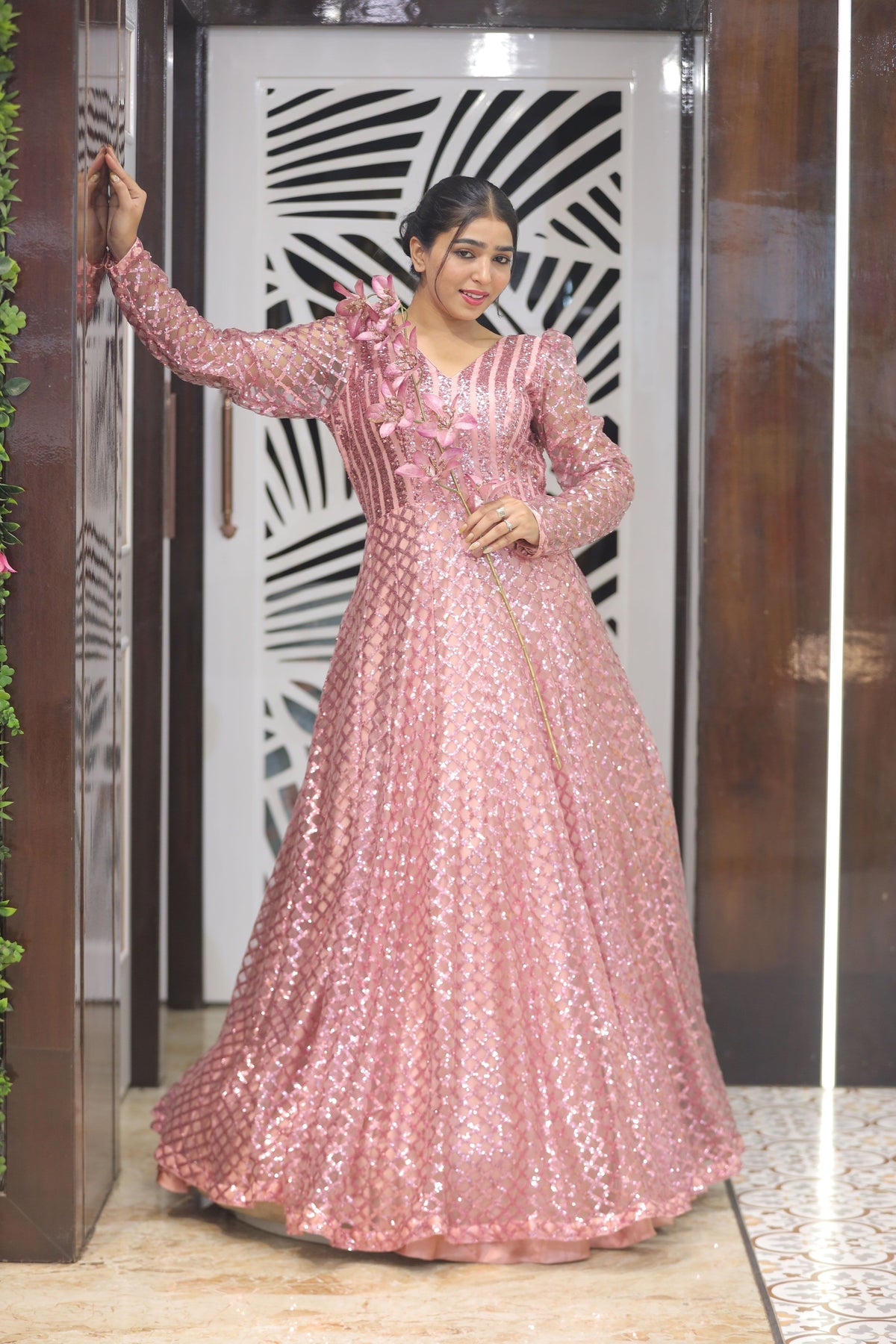 Pink Premium Sequins Cocktail Gown For Women