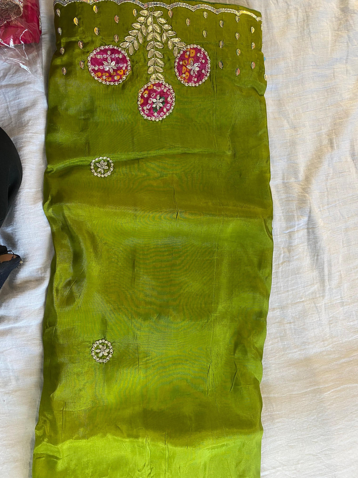 Green Crepe Silk Saree with Gotta Patti and Handwork