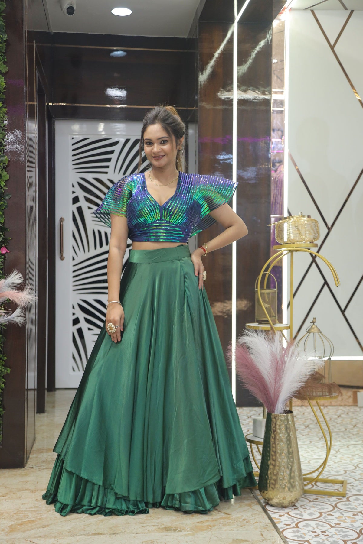 Green Premium Crop Top With Skirt Indo Western Style For Women