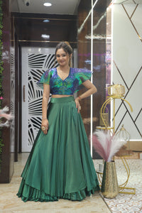 Green Premium Crop Top With Skirt Indo Western Style For Women