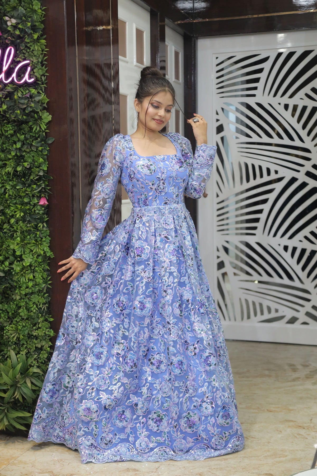 Blue Premium Net Cocktail Gown For Women