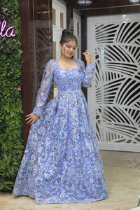 Blue Premium Net Cocktail Gown For Women