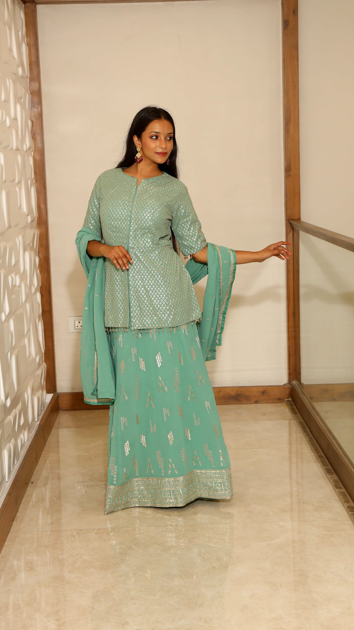 Green Premium Short Top With Palazzo & Dupatta Georgette Sequin Zari Set For Women