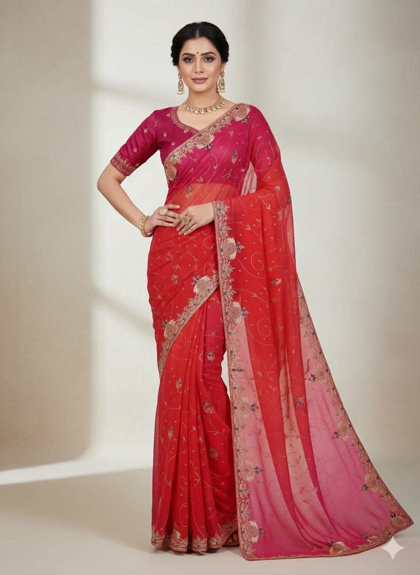 Red and Pink Double Shade Chiffon Saree with Zari Work