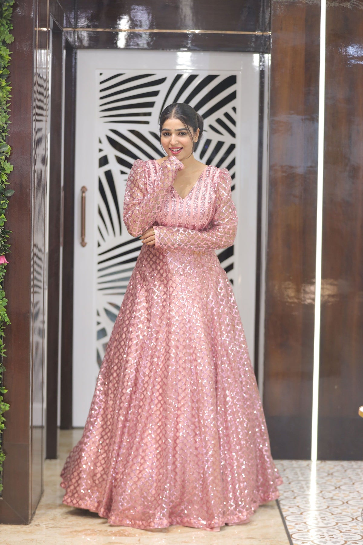 Pink Premium Sequins Cocktail Gown For Women