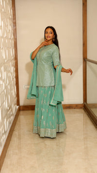 Green Premium Short Top With Palazzo & Dupatta Georgette Sequin Zari Set For Women