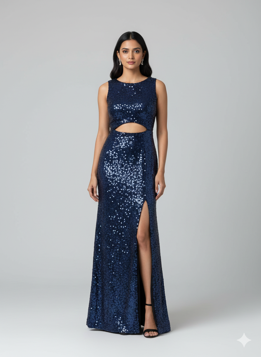 Blue Sequined Stretchable Ankle-Length Gown
