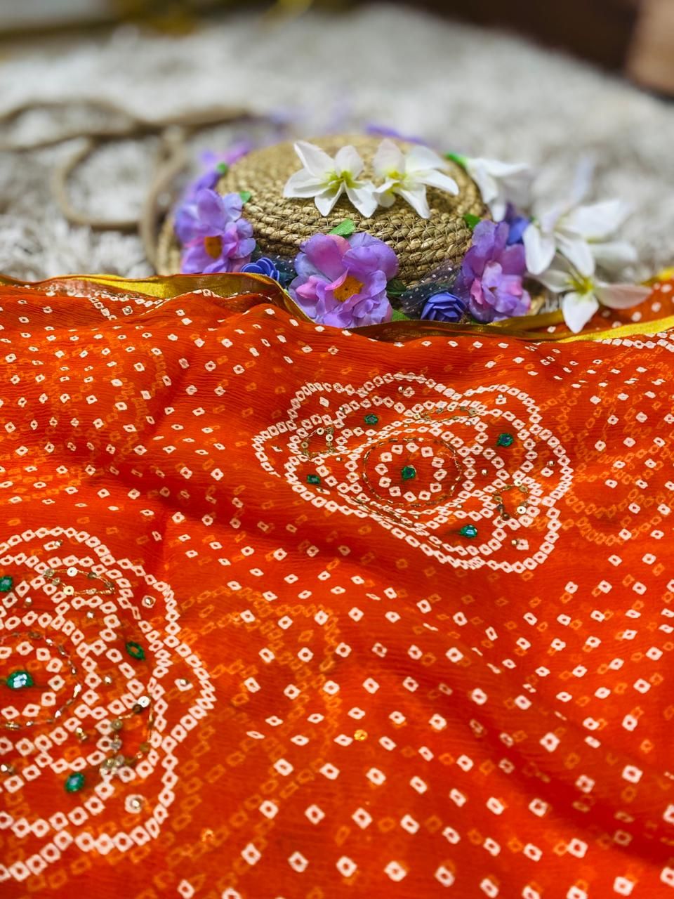 Orange Pure Chiffon Bandhej Saree with Sequence Work