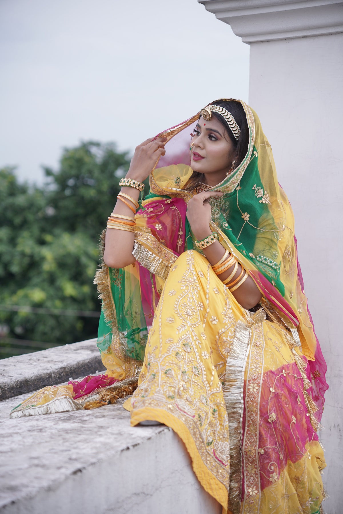 Yellow And Green Premium Chiffon Poshak For Women