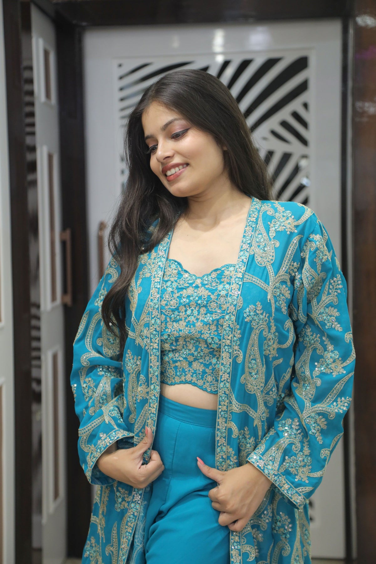 Blue Premium Crop Top With Palazzo & Long Shrug For Women