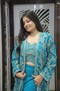 Blue Premium Crop Top With Palazzo & Long Shrug For Women