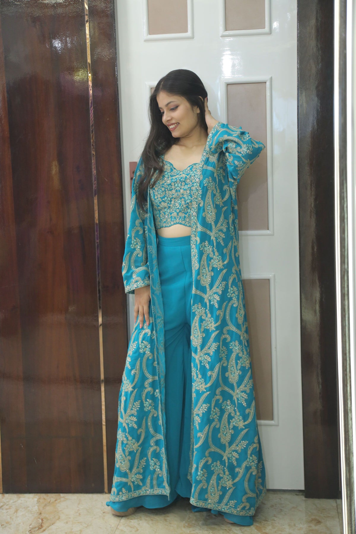 Blue Premium Crop Top With Palazzo & Long Shrug For Women