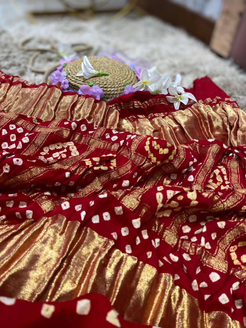 Red Modal Silk Bandhej Saree with Zari Work