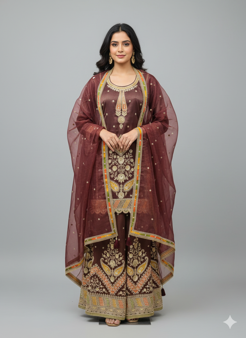 Dark Chocolate Tissue Organza Short Kurta Skirt Set with Dupatta