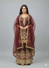 Dark Chocolate Tissue Organza Short Kurta Skirt Set with Dupatta