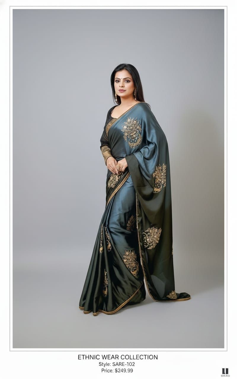Double Shaded Satin Silk Saree with Handwork and Zari