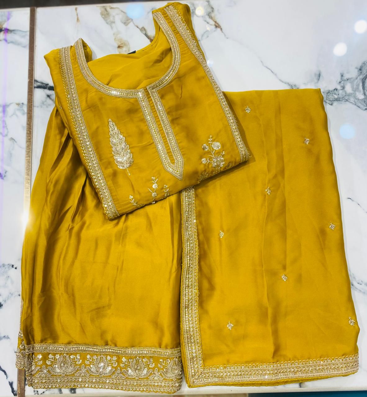 Yellow Satin Silk Short Kurta Garara with Dupatta