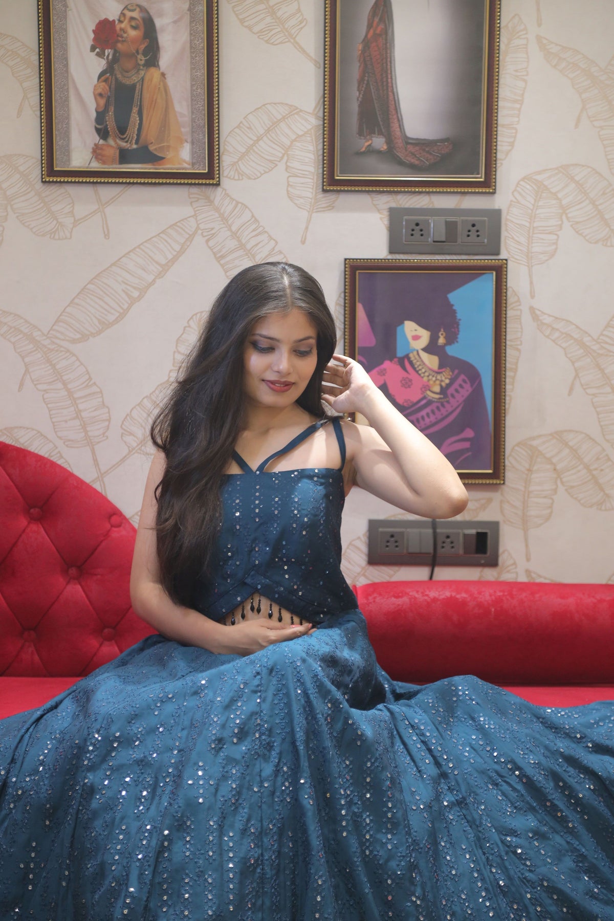 Blue Premium Chikankari Cocktail Gown For Women