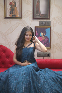 Blue Premium Chikankari Cocktail Gown For Women