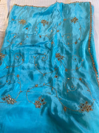 Blue Crepe Saree with Mirror and Zari Work