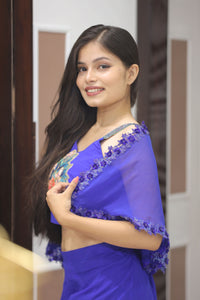 Blue Premium Crop Top With Palazzo And Cape For Women