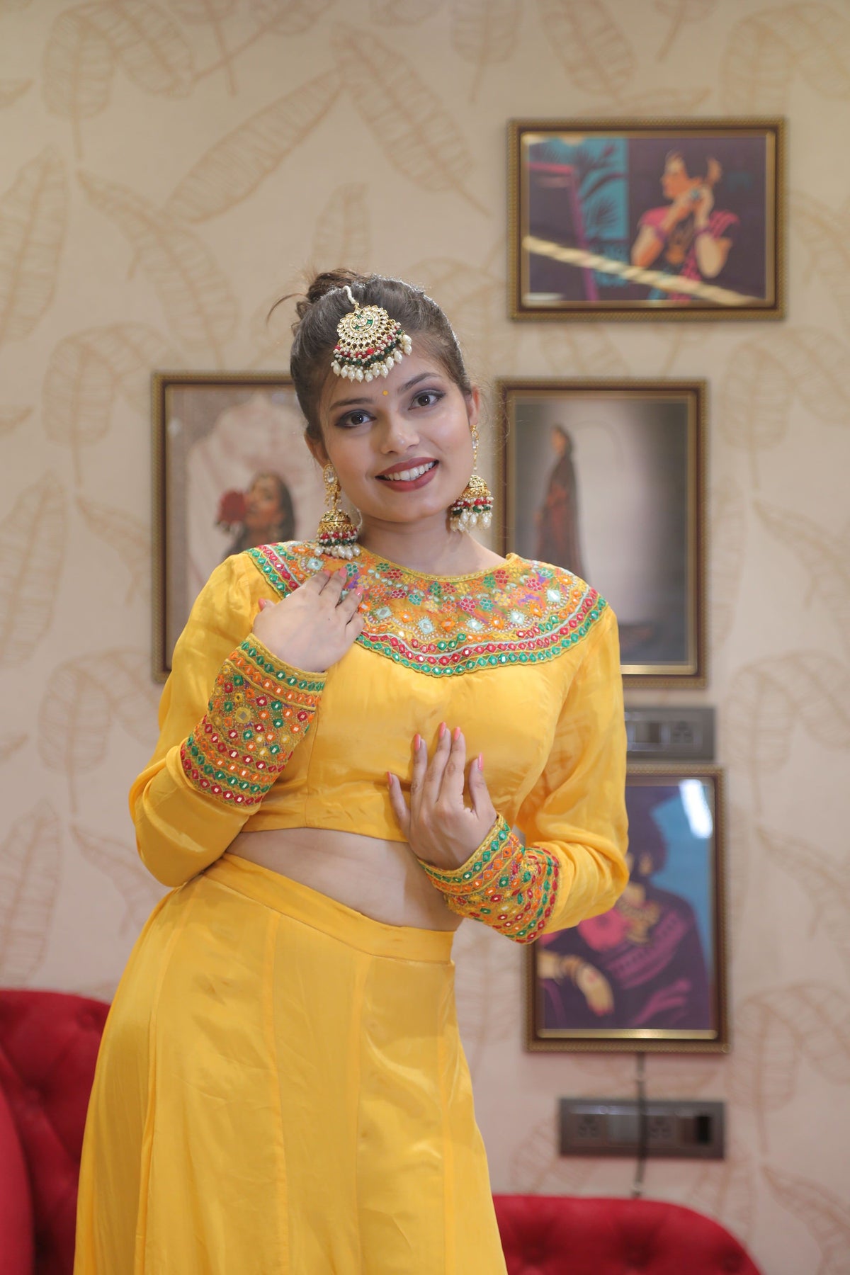 Yellow Premium Crop Top With Kali Plazo For Women